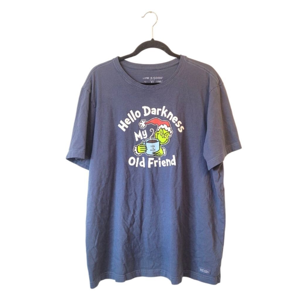 Life Is Good Men's Navy Blue Grinch Hello Darkness Coffee Cotton T-Shirt Size XL